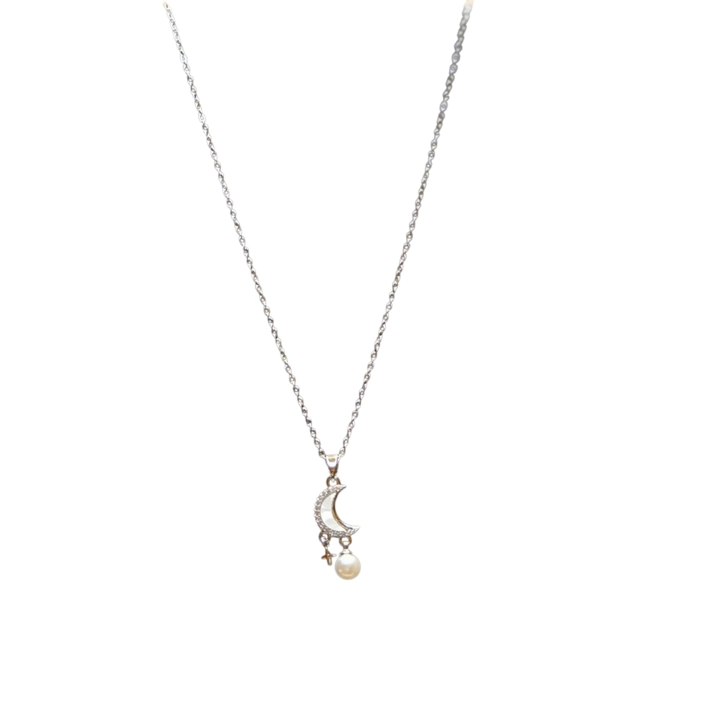 Stainless Steel White Gold Overlay Pearly Crescent Moon‎ Necklace 18"-20" NWT